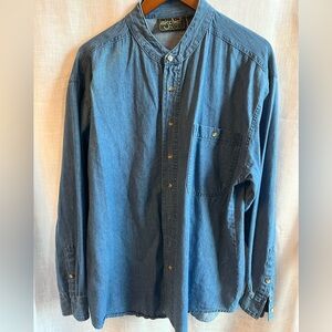 Vintage Blue Denim Men's denim long-sleeve shirt w/ banded grandfather collar L